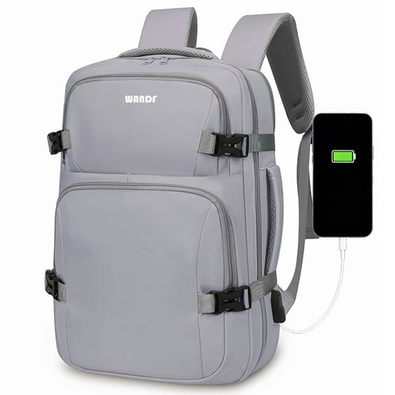WANDF 17" Travel Backpack for Men Women,Airlines Approved Carry On Clamshell Backpack fit 15.6" Laptop,Personal item Backpack 18x14x8,Water-Resistant Casual Backpack with Charging Port(Grey)