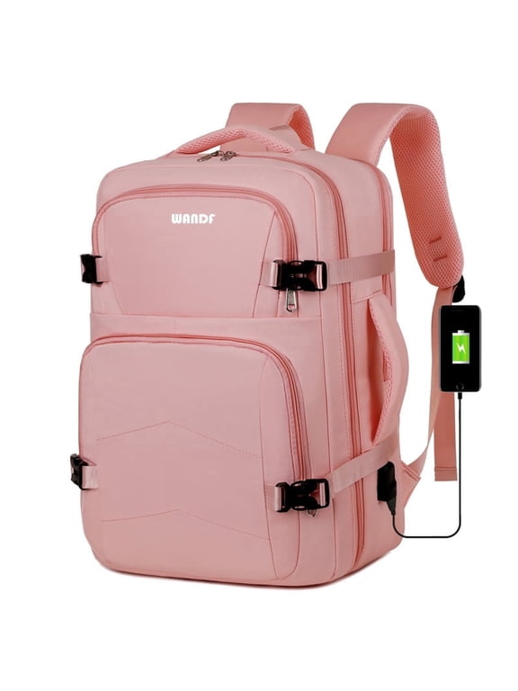 17" Travel Backpack for Women,Airlines Approved Carry On Clamshell Backpack fit 15.6" Laptop,Personal item Backpack 18x14x8,Water-Resistant Casual Backpack for College,Ladies(Pink)
