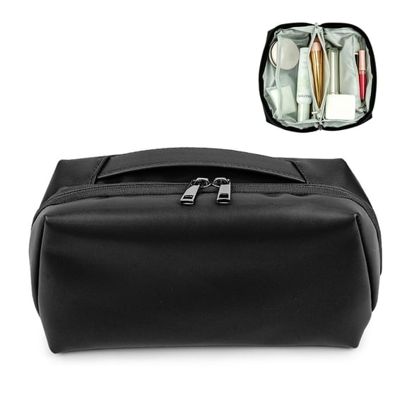 WANDF PU Toiletry Bag for Women Men,180°Wide-Open Cosmetic Case Makeup Bag for Travel,Business Trip,Bathroom,Electronic Accessories Case,Water-Resistant Dopp Shave Kit Organizer Bag(Black)