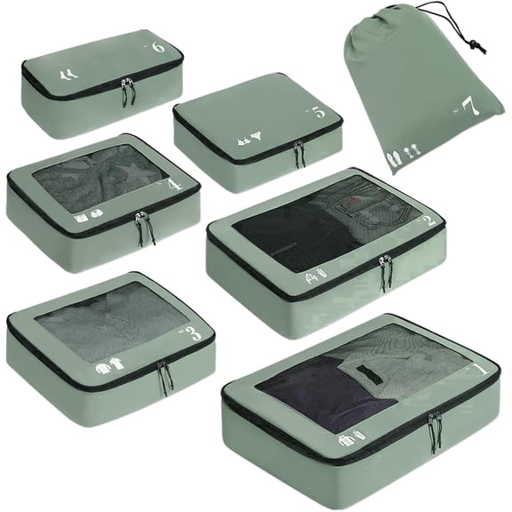 WANDF 7 Set Compression Packing Cubes Tear-Resistant Travel Packing Organizers with Number Icon,Compressible Suitcase Packing Organizer for Travel Accessories, Overnight,Camping(Green)