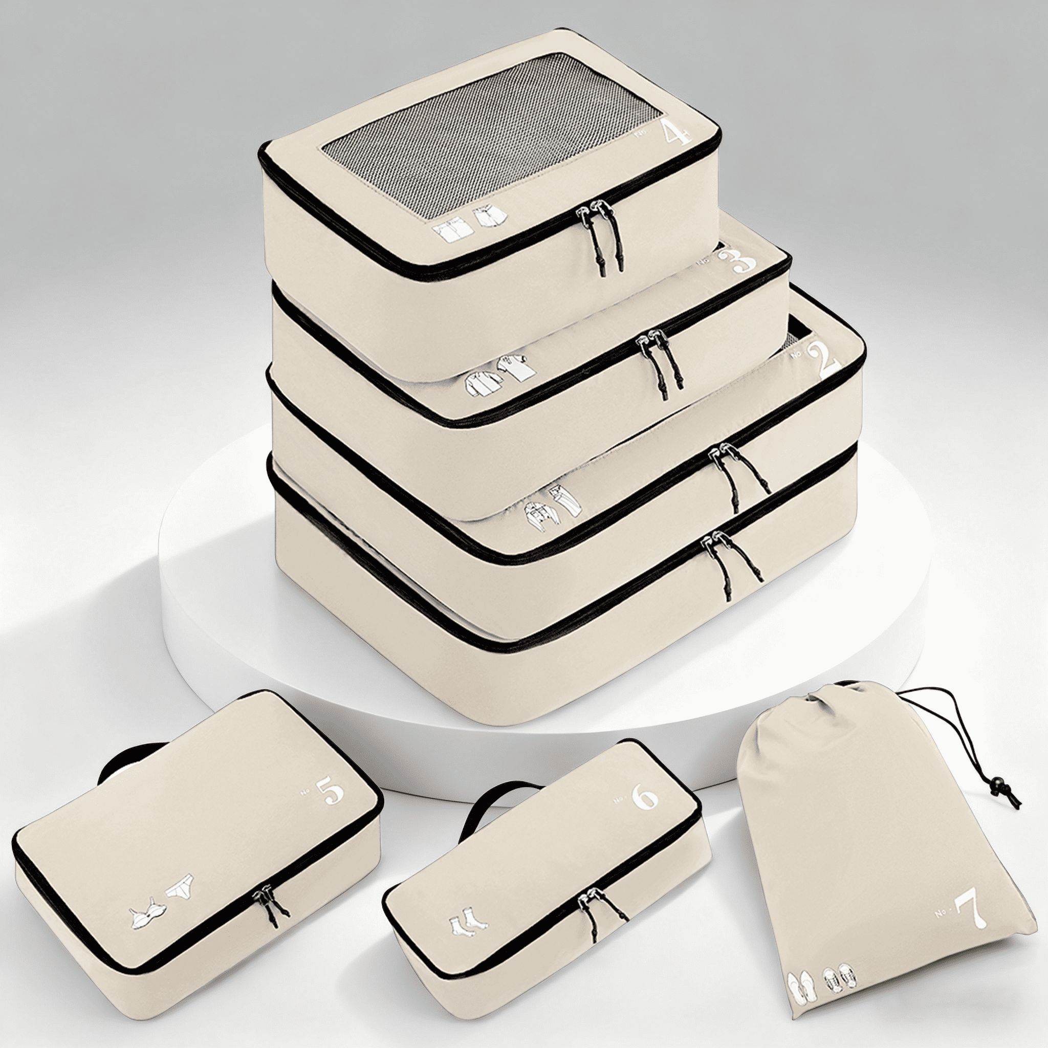 WANDF 7 Set Compression Packing Cubes Travel Accessories,Tear-Resistant Luggage Packing Organizers with Number Icon, Machine Washable Suitcase Packing Cubes for Travel,Airplane,Camping(Beige Bag)