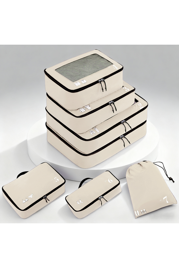 7 Set Compression Packing Cubes Travel Accessories,Tear-Resistant Luggage Packing Organizers with Number Icon, Machine Washable Suitcase Packing Cubes for Travel,Airplane,Camping(Beige Bag)