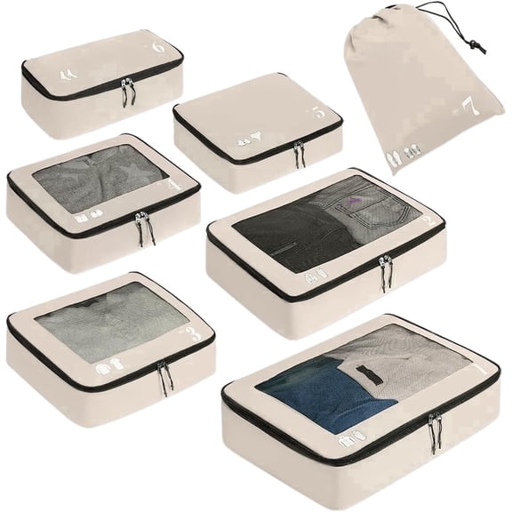WANDF 7 Set Compression Packing Cubes Travel Accessories,Tear-Resistant Luggage Packing Organizers with Number Icon, Machine Washable Suitcase Packing Cubes for Travel,Airplane,Camping(Beige Bag)