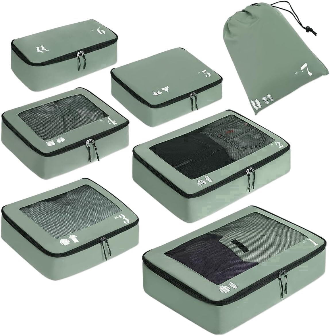 WANDF 7 Set Compression Packing Cubes Tear-Resistant Travel Packing Organizers with Number Icon,Compressible Suitcase Packing Organizer for Travel Accessories, Overnight,Camping(Green)