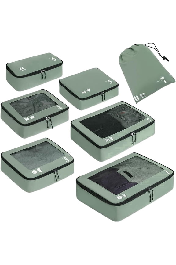 7 Set Compression Packing Cubes Tear-Resistant Travel Packing Organizers with Number Icon,Compressible Suitcase Packing Organizer for Travel Accessories, Overnight,Camping(Green)