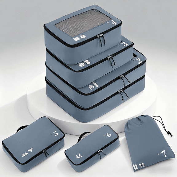 WANDF 7 Set Packing Cubes Travel Accessories,Tear-Resistant Luggage Packing Organizers with Number Icon, Machine Washable Suitcase Packing Cubes for Travel,Airplane,Camping(Grey Bag)