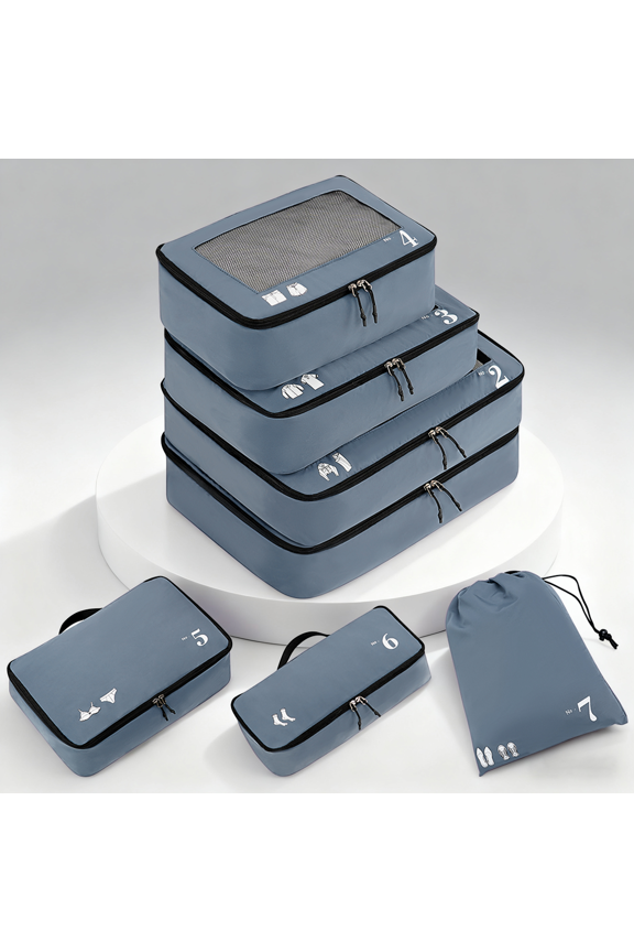 7 Set Packing Cubes Travel Accessories,Tear-Resistant Luggage Packing Organizers with Number Icon, Machine Washable Suitcase Packing Cubes for Travel,Airplane,Camping(Grey Bag)