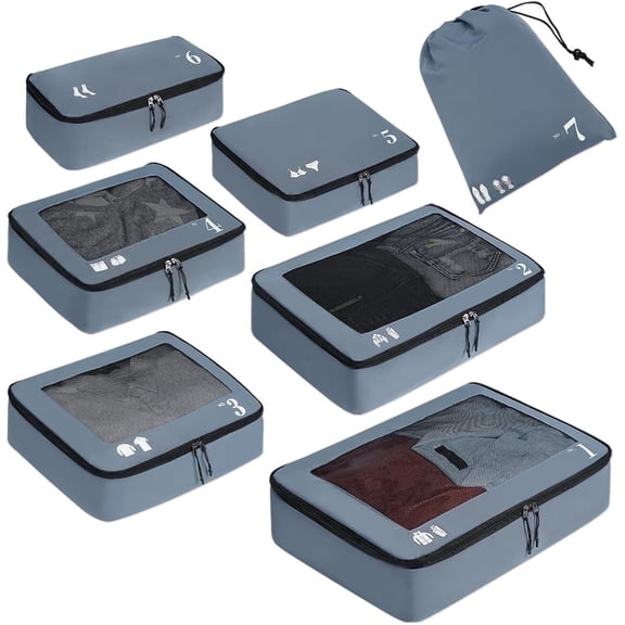 WANDF 7 Set Packing Cubes Travel Accessories,Tear-Resistant Luggage Packing Organizers with Number Icon, Machine Washable Suitcase Packing Cubes for Travel,Airplane,Camping(Grey Bag)
