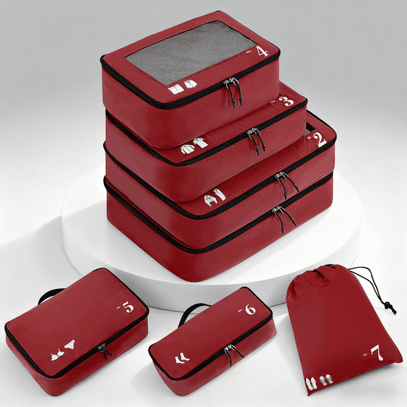 WANDF 7 Set Compression Packing Cubes Travel Accessories,Tear-Resistant Luggage Packing Organizers with Number Icon, Machine Washable Suitcase Packing Cubes for Travel,Airplane,Camping(Red Bag)
