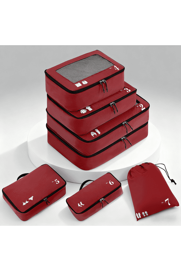 7 Set Compression Packing Cubes Travel Accessories,Tear-Resistant Luggage Packing Organizers with Number Icon, Machine Washable Suitcase Packing Cubes for Travel,Airplane,Camping(Red Bag)