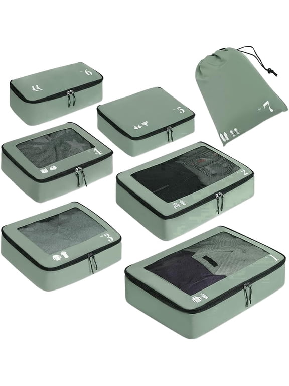 7 Set Compression Packing Cubes Tear-Resistant Travel Packing Organizers with Number Icon,Compressible Suitcase Packing Organizer for Travel Accessories, Overnight,Camping(Green)