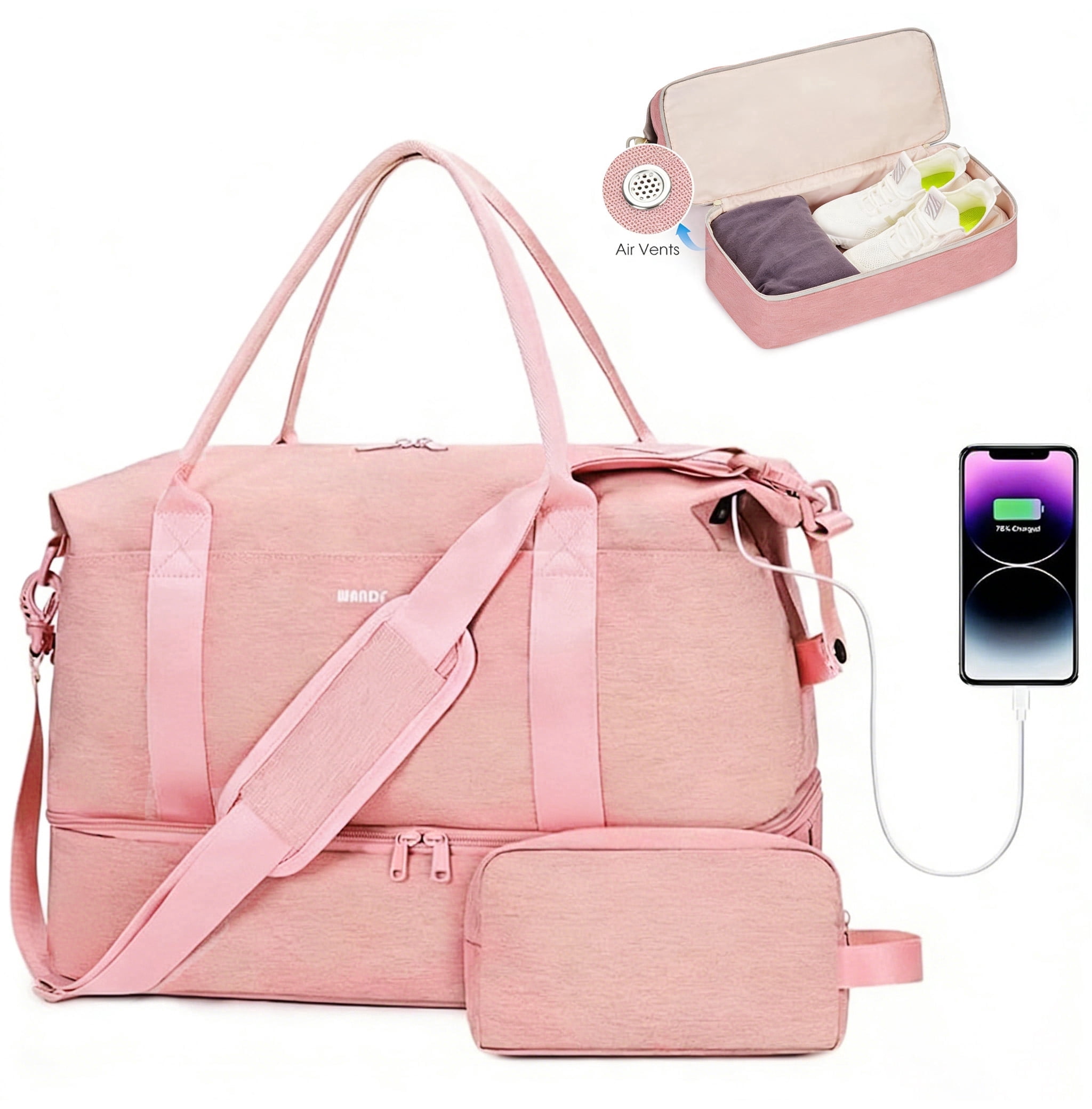 WANDF Business Travel Bag with Shoe Compartment,Gym Bag with Strip Wet Pocket for Women Ladies,TSA Carry on Personal Item Bag 18x14x8,Large Tote Bag with USB Charging Port(Pink Bag)