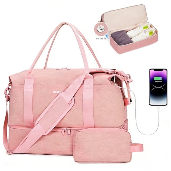 WANDF Business Travel Bag with Shoe Compartment,Gym Bag with Strip Wet Pocket for Women Ladies,TSA Carry on Personal Item Bag 18x14x8,Large Tote Bag with USB Charging Port(Pink Bag)