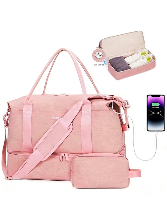 Business Travel Bag with Shoe Compartment,Gym Bag with Strip Wet Pocket for Women Ladies,TSA Carry on Personal Item Bag 18x14x8,Large Tote Bag with USB Charging Port(Pink Bag)