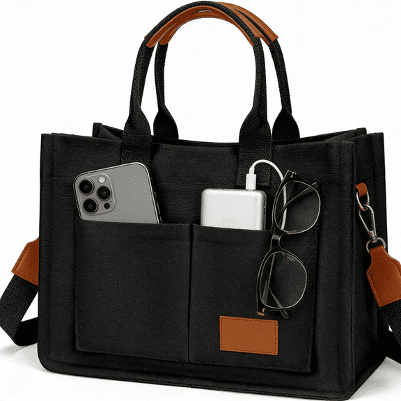 WANDF Canvas Tote Bags,Work Tote Bag for Women Ladies,Durable Stylish Handbags with 2 Front Pockets,Sling Crossbody Totes Shoulder Bag for Collegers,Teacher,Nurse(Black Bag)