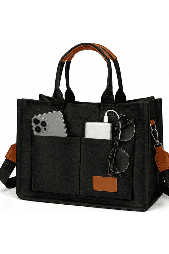 Canvas Tote Bags,Work Tote Bag for Women Ladies,Durable Stylish Handbags with 2 Front Pockets,Sling Crossbody Totes Shoulder Bag for Collegers,Teacher,Nurse(Black Bag)