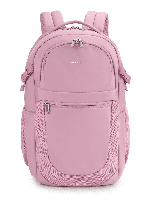 ECOHUB® Travel Backpack for Women,17.3" Suspended Laptop Backpack, Casual Slim Water-Resistant 28L Carry on Personal Item Bag 18x11x8 with 12 Pockets for College,Work(Pink)
