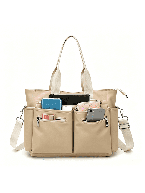 Casual Tote Bags for Women,Work Tote Bag with 8 outer pockets,Durable Handbags with Detachable Shoulder Strap,Sling Crossbody Shoulder Bag for Ladies,College,Teacher,Nurse(Khaki)