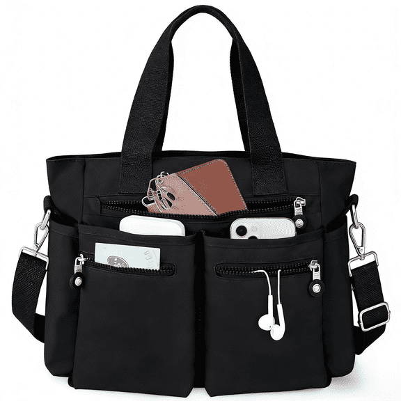 WANDF Casual Tote Bags,Work Tote Bag for Women Ladies,Durable Stylish Handbags with Multi-Pockets,Sling Crossbody Totes Shoulder Bag for Collegers,Teacher,Nurse(Black Bag)
