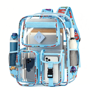 WANDF Clear Backpack with 3 front Pockets,Heavy Duty PVC Backpacks Stadium Approved for Sports Events,Work,Travel,WaterProof Cute Bookbags Laptop BackpackLight Blue