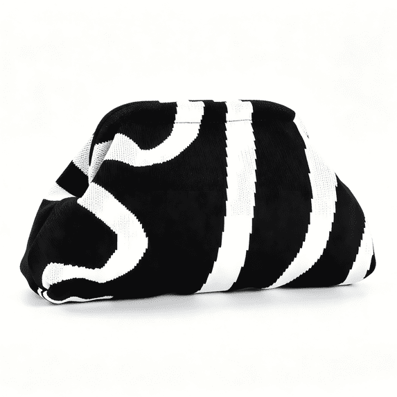 WANDF Clutch Purse for Women,Knit Clutch Handbags,Woven Evening Bags,Large Dumpling Bag for Ladies,Girlfriend,Travel Makeup Storage Lightweight Portable Pouch(Black White Pattern-A)