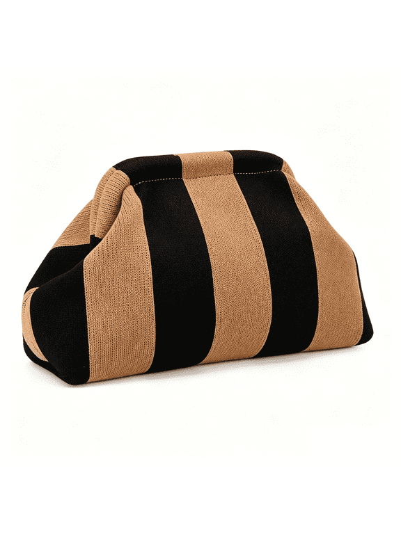 Clutch Purse for Women,Woven Evening Bags,Knit Striped Clutch Handbags,Dumpling Bag for Ladies (Khaki Black)