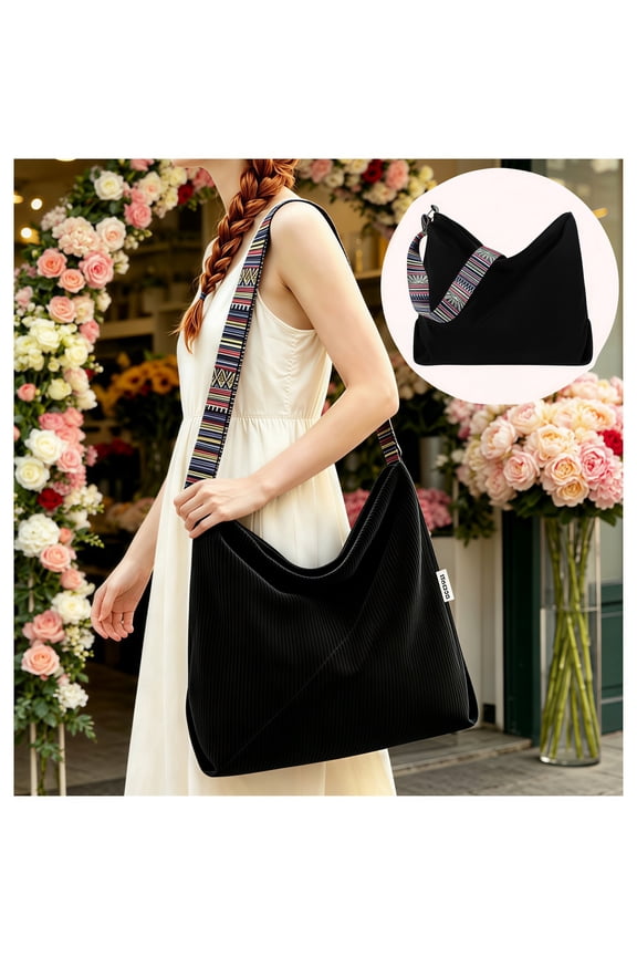 Corduroy Shoulder Hobo Bags for Women, Large Tote Bag with Wide Strap,Retro Commuter Crossbody Bag for Ladies,Boho Casual Handbag Purse for Work,Shopping,Travel(Black)