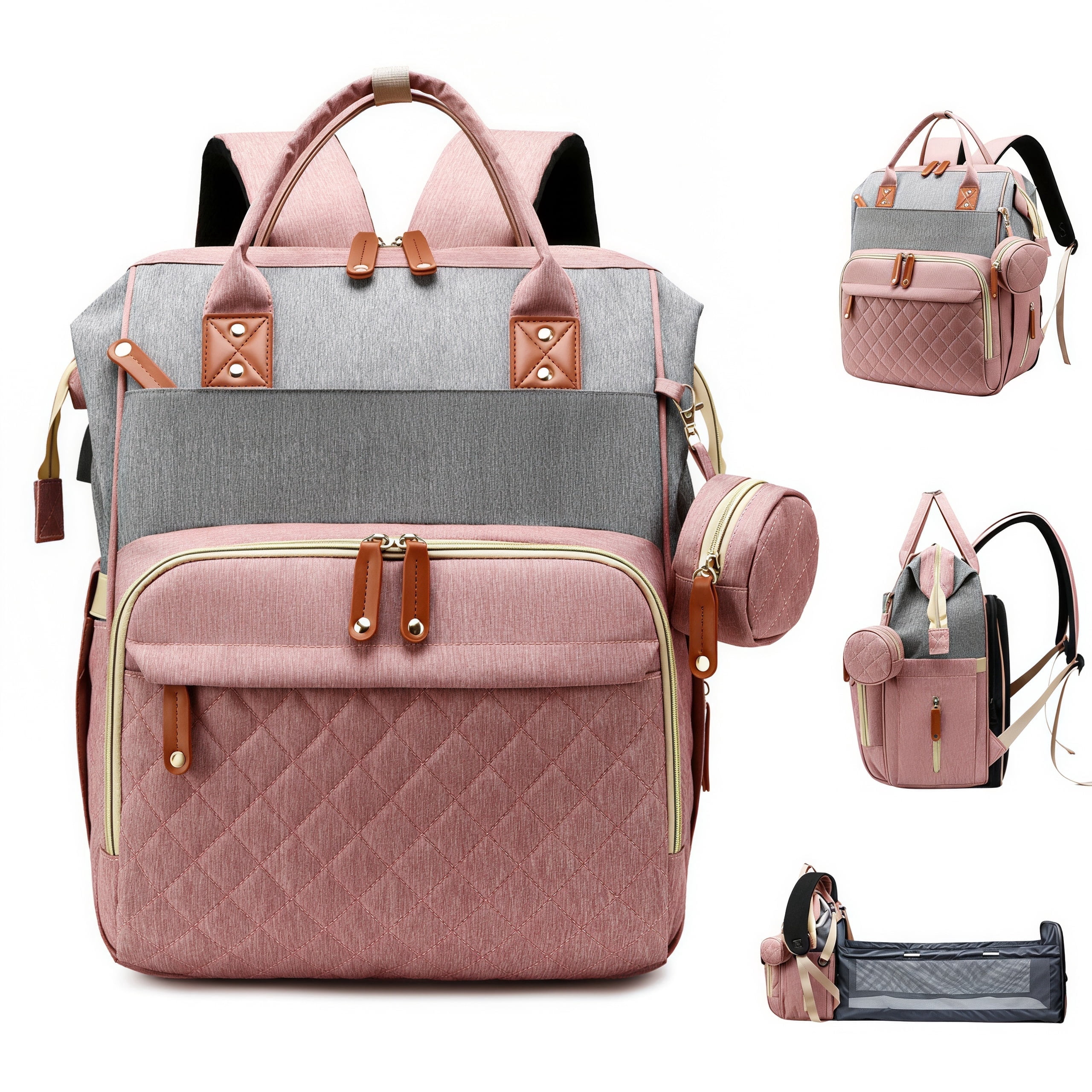 WANDF Diaper Bag Backpack with Changing Station, Large Travel Mommy Bag, Waterproof Diaper Backpack for Moms Dads with USB Charging Port,Mommy Essentials Shower Gifts(Pink Grey Bag)