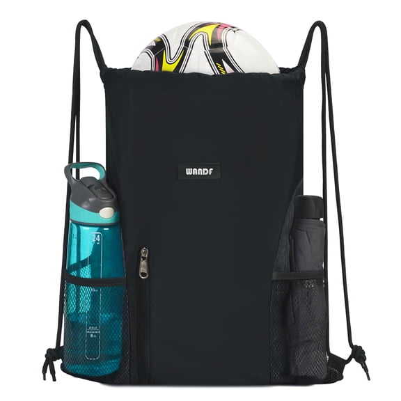 WANDF Drawstring Backpack with Mesh Pockets,Waterproof Sports Gym Bag Drawstring Bag for Men Women,Large Athletic Sackpack for Beach,Swimming,Cycling(Black)
