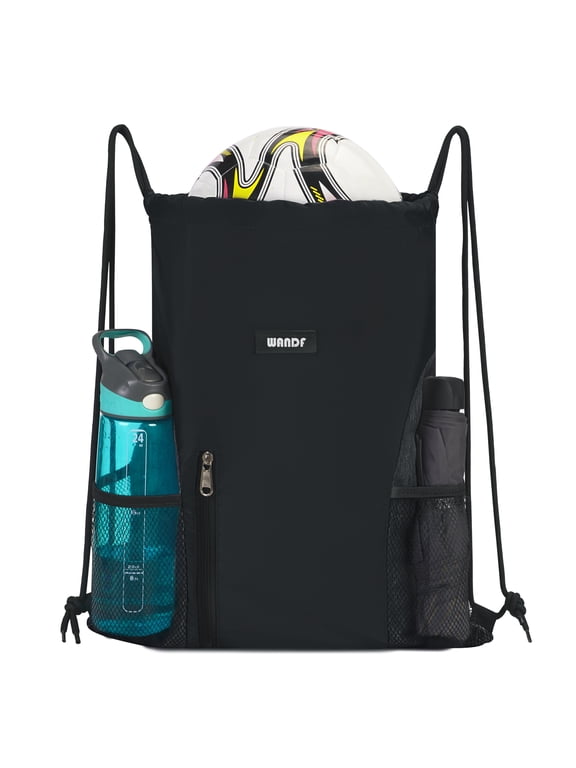 Drawstring Backpack with Mesh Pockets,Waterproof Sports Gym Bag Drawstring Bag for Men Women,Large Athletic Sackpack for Beach,Swimming,Cycling(Black)