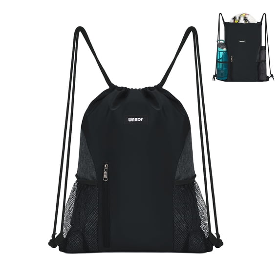 WANDF Drawstring Bag for Men Women,Drawstring Backpack,String Backpack with Mesh Pockets,Waterproof Sports Gym Bag ,Large Athletic Sackpack for Beach,Swimming,Cycling(Black)