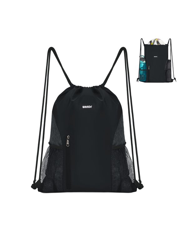 Drawstring Backpack with Mesh Pockets,Waterproof Sports Gym Bag Drawstring Bag for Men Women,Large Athletic Sackpack for Beach,Swimming,Cycling(Black)