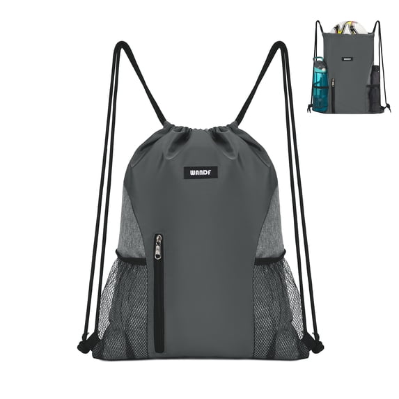 WANDF Drawstring Bag for Men Women Drawstring Backpack with Mesh Pockets,Waterproof Sports Gym Bag,Large Athletic Sackpack for Beach,Swimming,Cycling(Grey)
