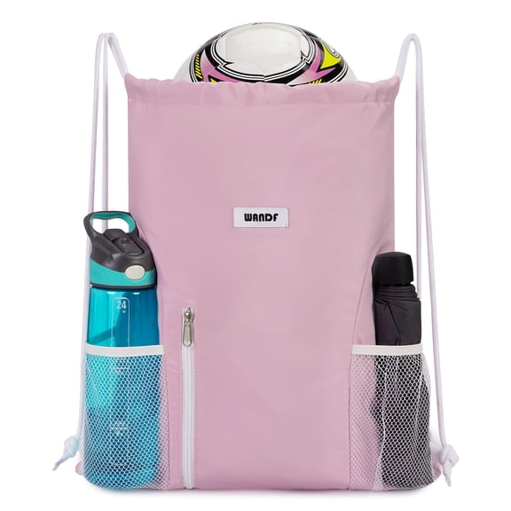 WANDF Drawstring Backpack with Mesh Pockets,Waterproof Sports Gym Bag Drawstring Bag for Men Women,Large Athletic Sackpack for Beach,Swimming, Cycling(Pink)