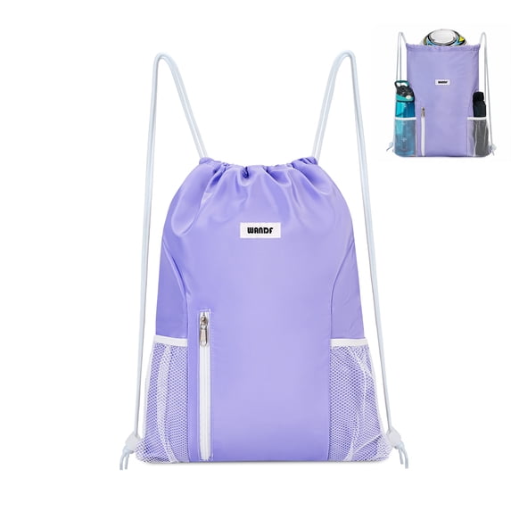 WANDF Drawstring Backpack with Mesh Pockets,Drawstring Bag for Women,Waterproof Sports Gym Bag ,Large Athletic Sackpack for Beach,Swimming, Cycling(Purple)