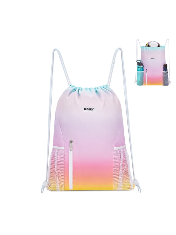 Drawstring Bag for Women,Drawstring Backpack with Mesh Pockets,Waterproof Sports Gym Bag for Ladies,Large Athletic Sackpack for Beach,Swimming, Cycling(Rainbow)