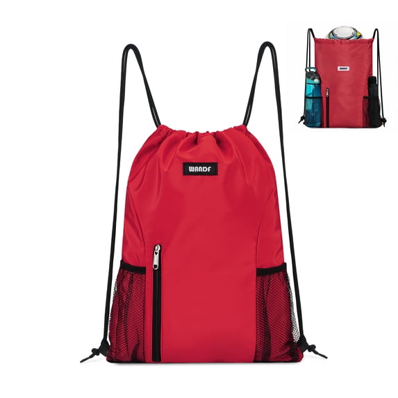 WANDF Drawstring Bag for Women Drawstring Backpack with Mesh Pockets,Waterproof Sports Gym Bag,Large Athletic Sackpack for Beach,Swimming, Basketball,Soccer(Red)