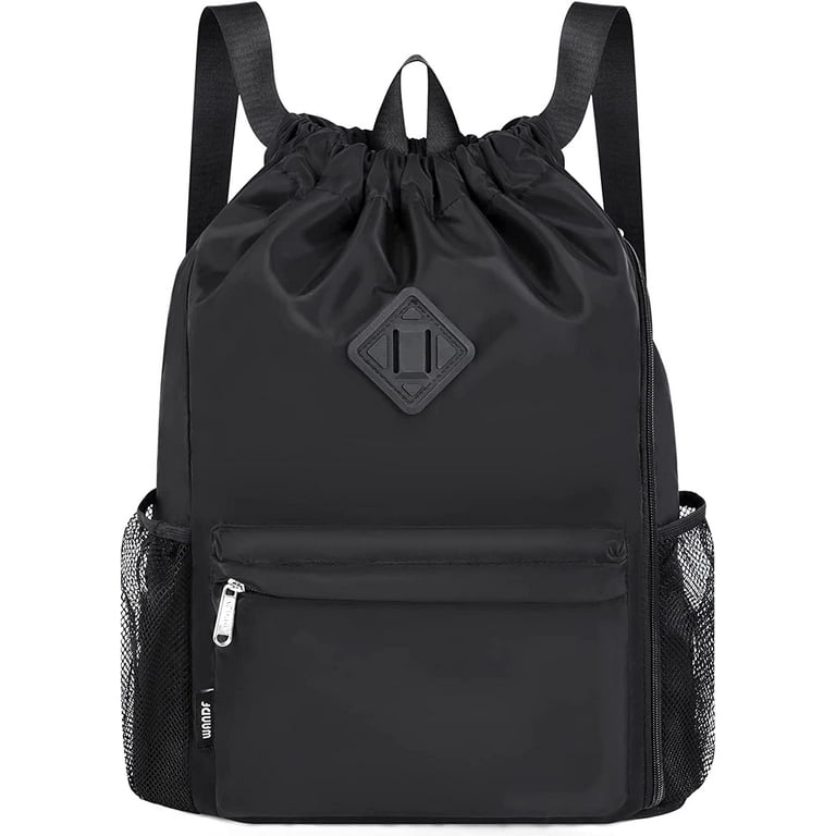 WANDF Drawstring Backpack Sports Gym Bag with Shoes Compartment Water Resistant String Backpack Cinch for Women Men Large Black