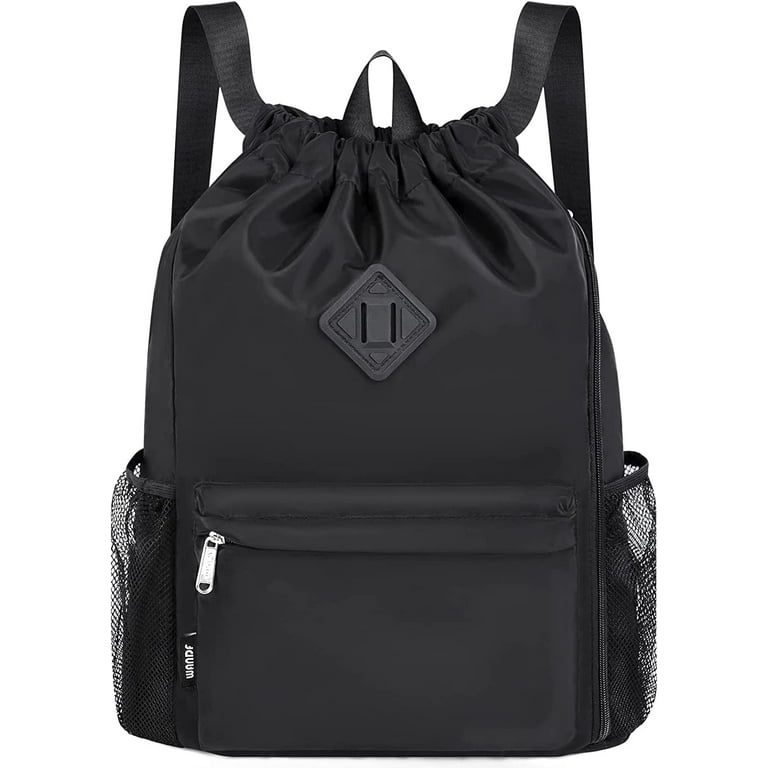 WANDF Drawstring Backpack Sports Gym Bag with Shoes Compartment Water Resistant String Backpack Cinch for Women Men Large Black