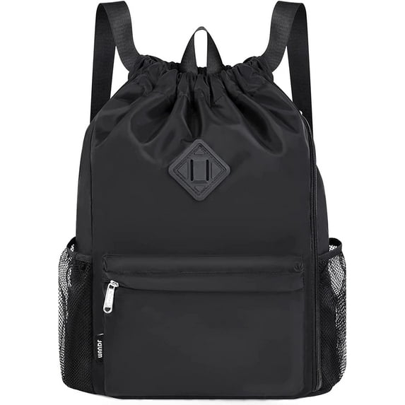 WANDF Drawstring Backpack Sports Gym Bag with Shoes Compartment, Water-Resistant String Backpack Cinch for Women Men (Large,Black)