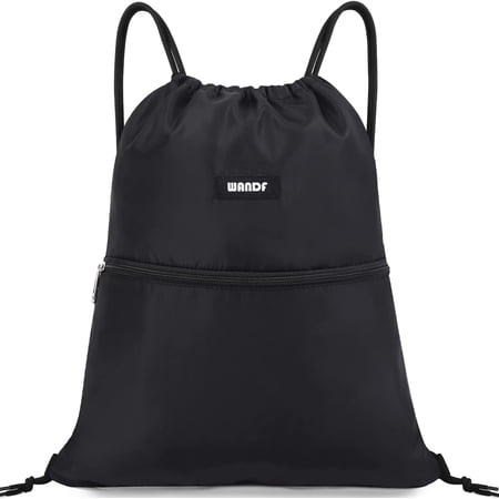 WANDF Drawstring Backpack String Bag Sackpack Cinch Water Resistant Nylon for Gym Shopping Sport Yoga (Black)