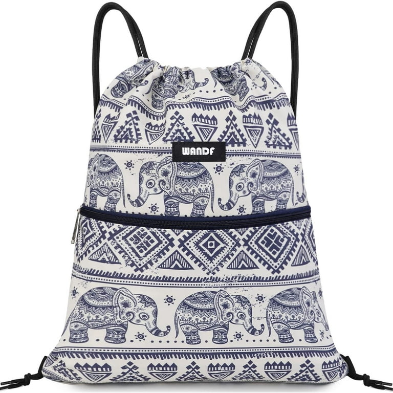 Drawstring Backpack String Bag Sackpack Cinch Nylon (Blue Elephant with zipper) WANDF Drawstring Backpack String Bag Sackpack Cinch Water  main image 3