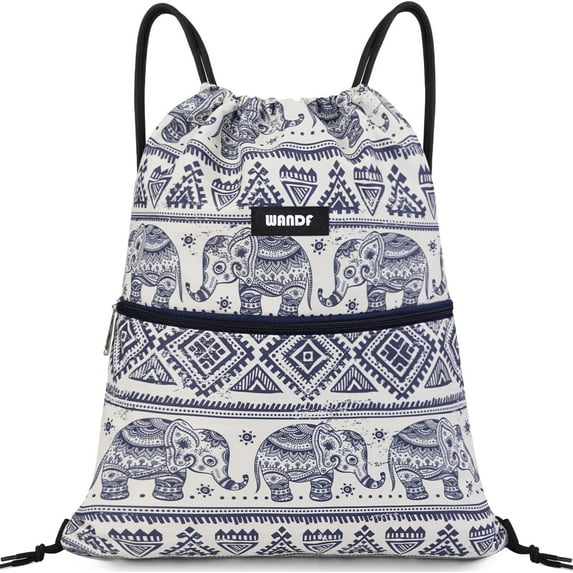 WANDF Drawstring Backpack String Bag Sackpack Cinch Water Resistant Nylon for Gym Shopping Sport Yoga (Blue Elephant with zipper)