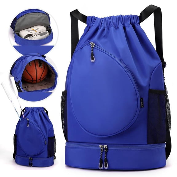 WANDF Drawstring Basketball Bag Badminton Backpack with Shoe Compartment,Gym Bag for Men Women,Sports Backpack for Pickleball, Soccer,Volleyball,Blue
