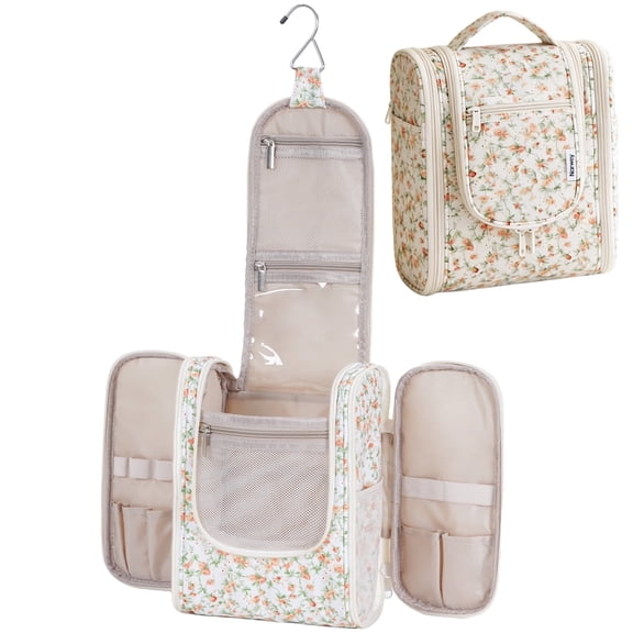 WANDF Hanging Toiletry Bag for Women, Multi-Compartment Cosmetic Bag with Hook, Portable Dopp Kit Organizer, Makeup Bag for Travel,Business Trip,Bathroom(Beige Flower)