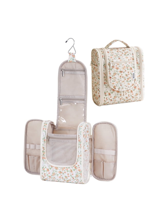 Hanging Toiletry Bag for Women, Multi-Compartment Cosmetic Bag with Hook, Portable Dopp Kit Organizer, Makeup Bag for Travel,Business Trip,Bathroom(Beige Flower)