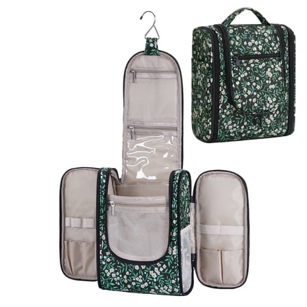 WANDF Hanging Toiletry Bag for Women, Multi-Compartment Cosmetic Bag with Hook, Portable Dopp Kit Organizer, Makeup Bag for Travel,Business Trip,Bathroom(Black Flower)