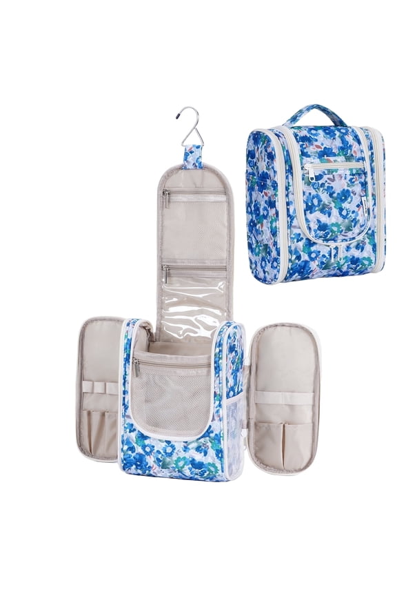 Hanging Toiletry Bag for Women, Multi-Compartment Cosmetic Bag with Hook, Portable Dopp Kit Organizer, Makeup Bag for Travel,Business Trip,Bathroom(Blue Flower)