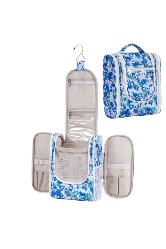 Hanging Toiletry Bag for Women, Multi-Compartment Cosmetic Bag with Hook, Portable Dopp Kit Organizer, Makeup Bag for Travel,Business Trip,Bathroom(Blue Flower)