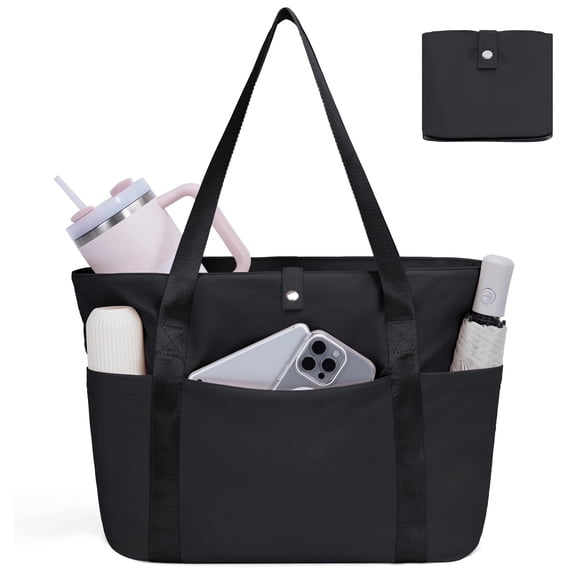 WANDF Foldable Tote Bag for Women,15.6 Inch Laptop Bag with Bottle Pockets,Water-Resistant Work Tote with 4 Outside Pockets, Packable Travel Shoulder Bag for Ladies,Girlfriend,Nurse(Black)